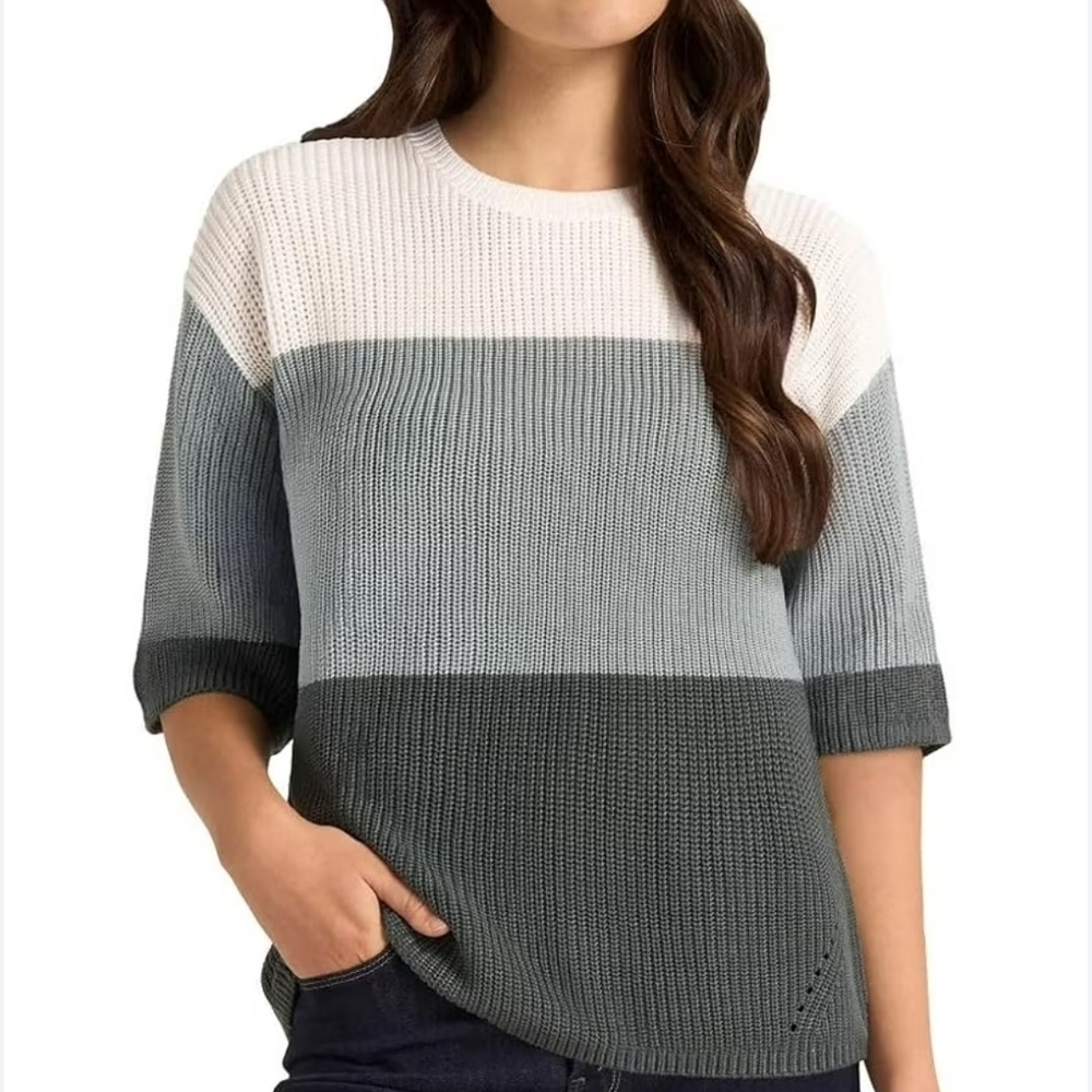 Matty M Colorblock Knit Pullover Sweater Crew Neck Short Sleeve Gray Blue / M